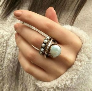 Faux Pearl Solitaire Serendipity 5 Stone 925 Cuff Style Cocktail Ring